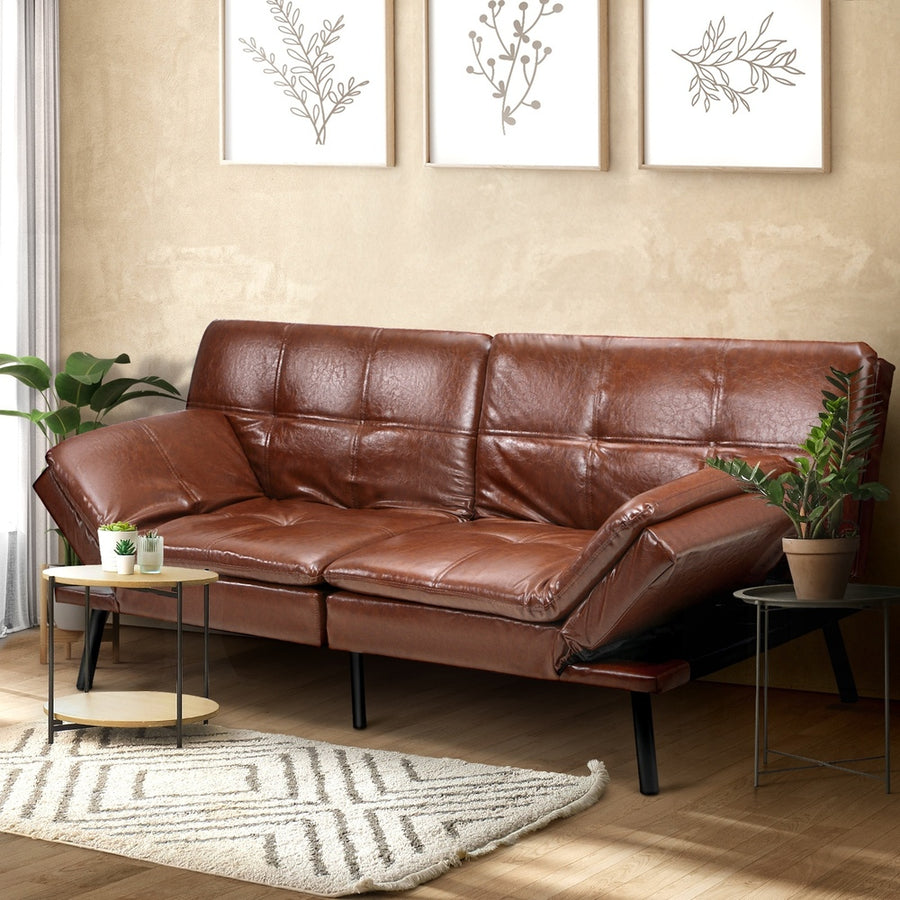 Oikiture Sofa Bed 3-Seater Convertible Leather Brown, image 4