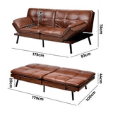 Oikiture Sofa Bed 3-Seater Convertible Leather Brown - Close-Up Angle