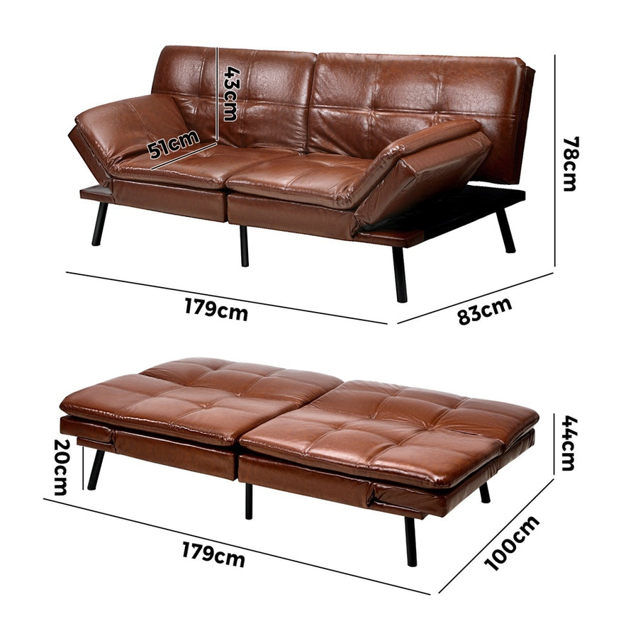 Oikiture Sofa Bed 3-Seater Convertible Leather Brown, image 7