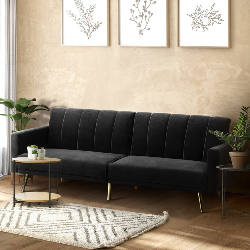 Oikiture 3-Seater Sofa Bed Velvet Black