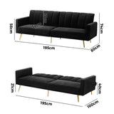 Oikiture 3-Seater Sofa Bed Velvet Black