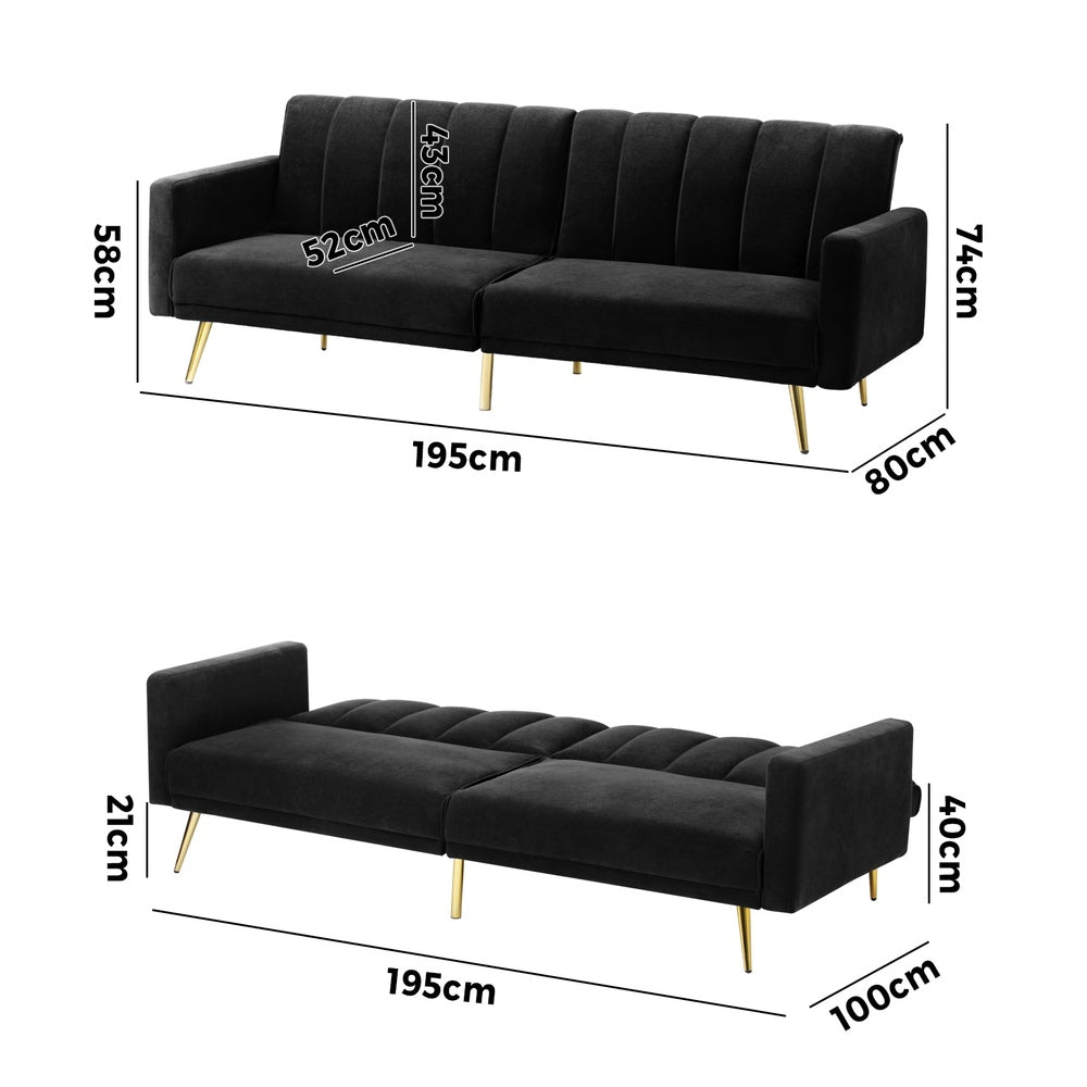 Oikiture 3-Seater Sofa Bed Velvet Black