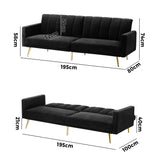 Oikiture 3-Seater Sofa Bed Velvet Black - Top-Down View
