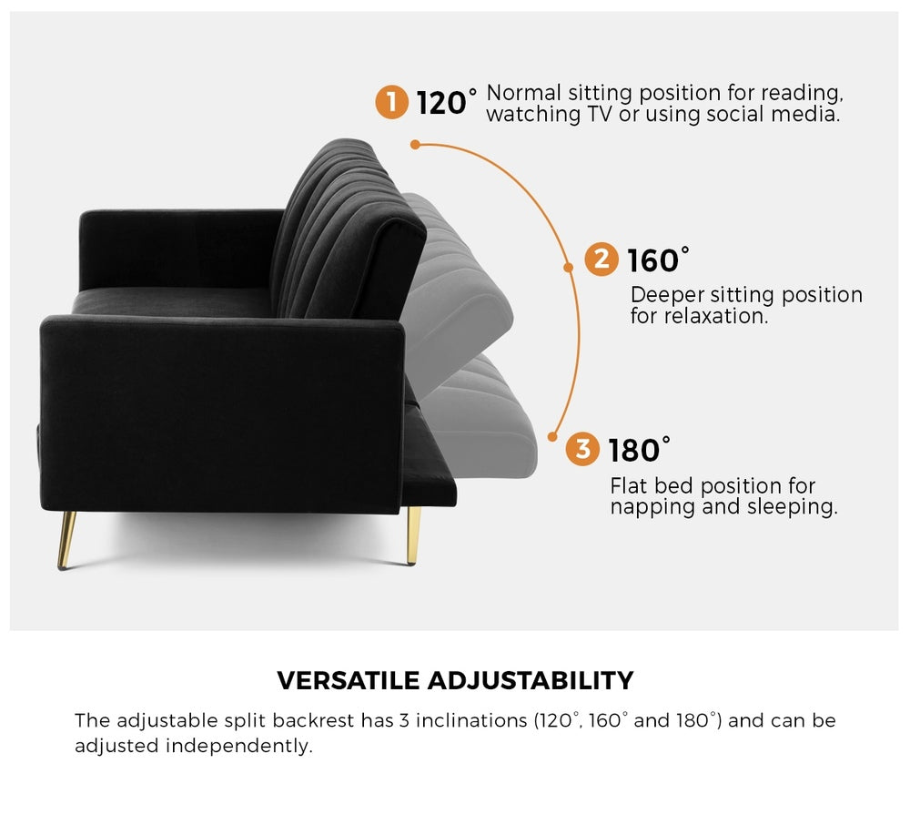 Oikiture 3-Seater Sofa Bed Velvet Black