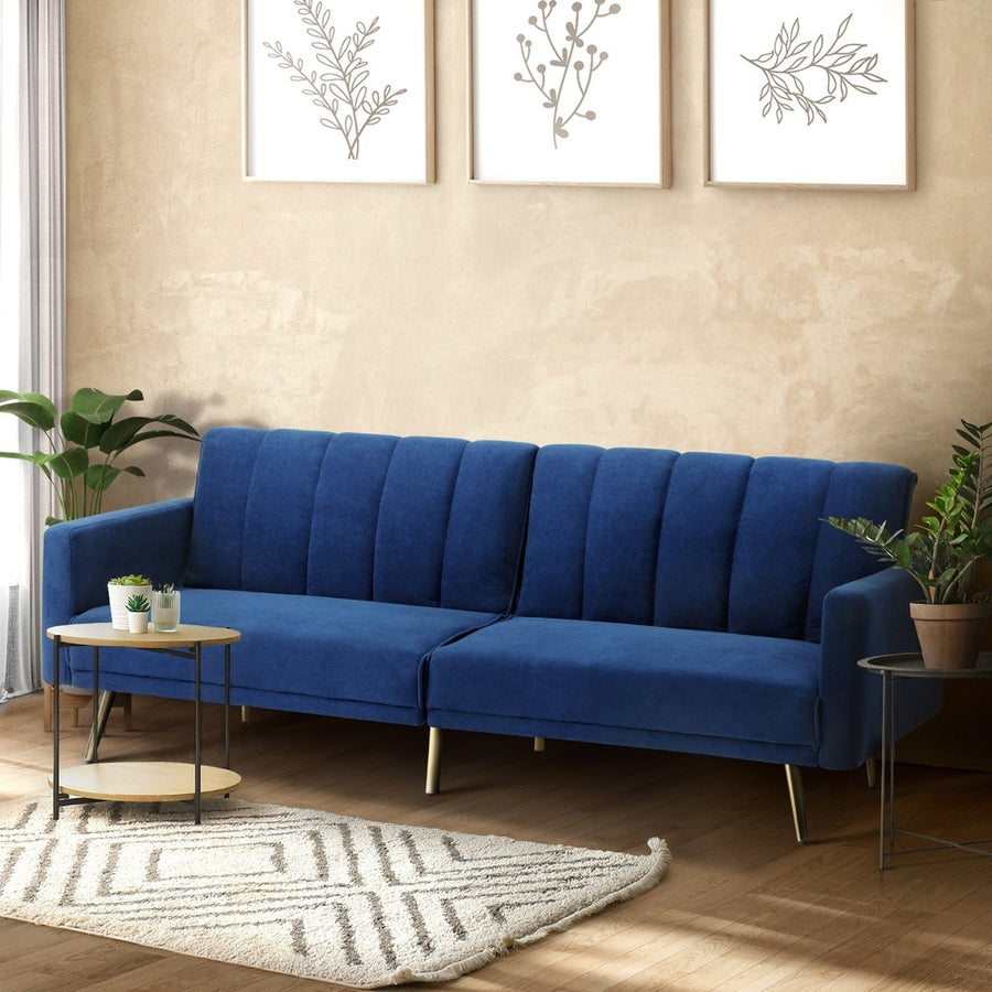 Oikiture 3 Seater Sofa Bed Velvet Blue, image 4