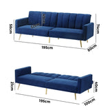 Oikiture 3 Seater Sofa Bed Velvet Blue - Low Angle