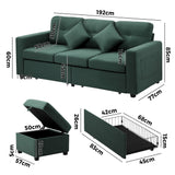 Oikiture 3 Seater Sofa Lounge Set Modular Couch Drawers&Ottoman Velvet Green - Front View