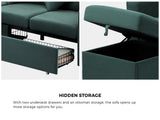 Oikiture 3 Seater Sofa Lounge Set Modular Couch Drawers&Ottoman Velvet Green