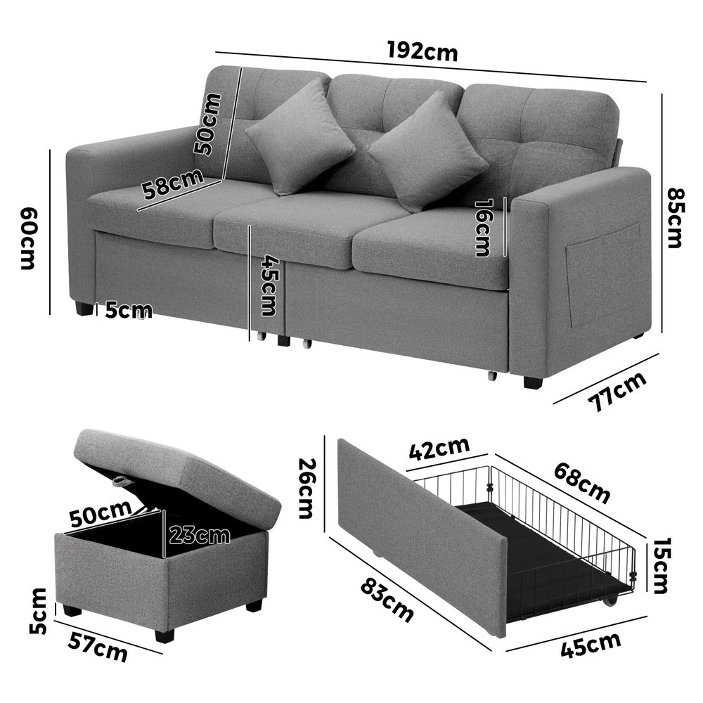 Oikiture Sofa 3 Seater Chaise Modular Couch Drawers Ottoman Fabric