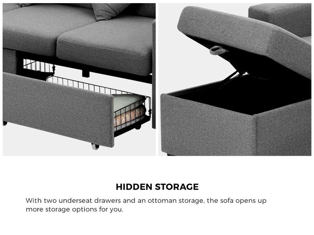 Oikiture Sofa 3 Seater Chaise Modular Couch Drawers Ottoman Fabric