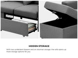 Oikiture Sofa 3 Seater Chaise Modular Couch Drawers Ottoman Fabric