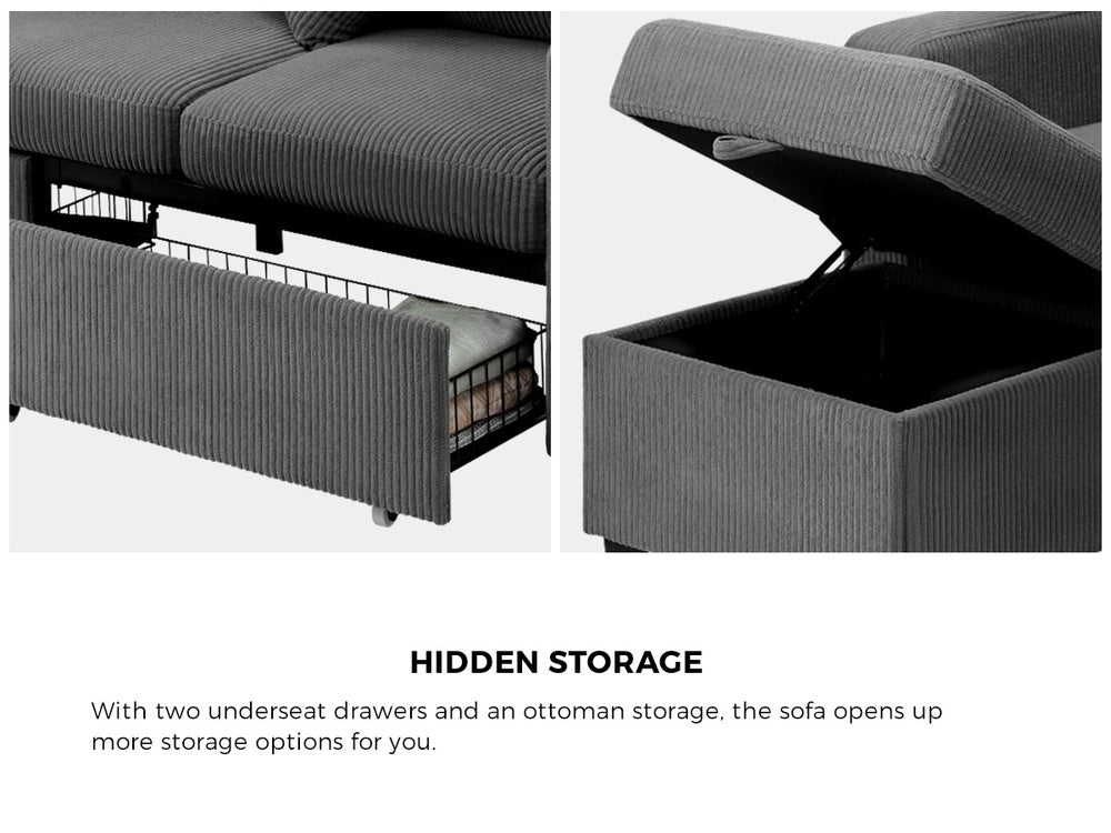 Oikiture 3 Seater Sofa Modular Couch Drawers Ottoman Velvet