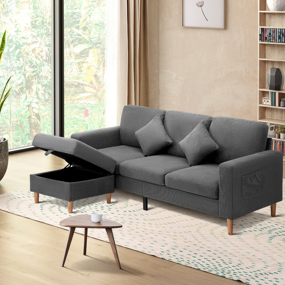 Oikiture 3 Seater Sofa with Ottoman Velvet Grey