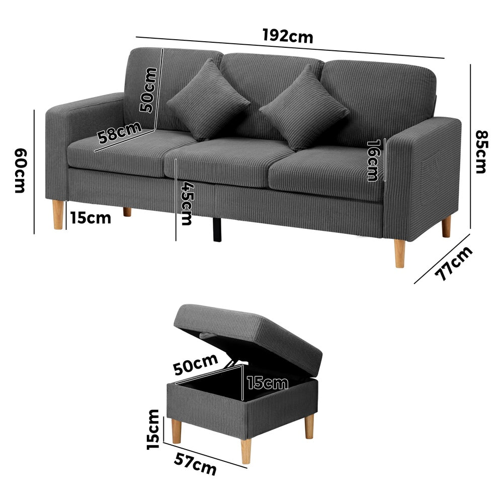 Oikiture 3 Seater Sofa with Ottoman Velvet Grey
