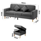 Oikiture 3 Seater Sofa with Ottoman Velvet Grey - Side View
