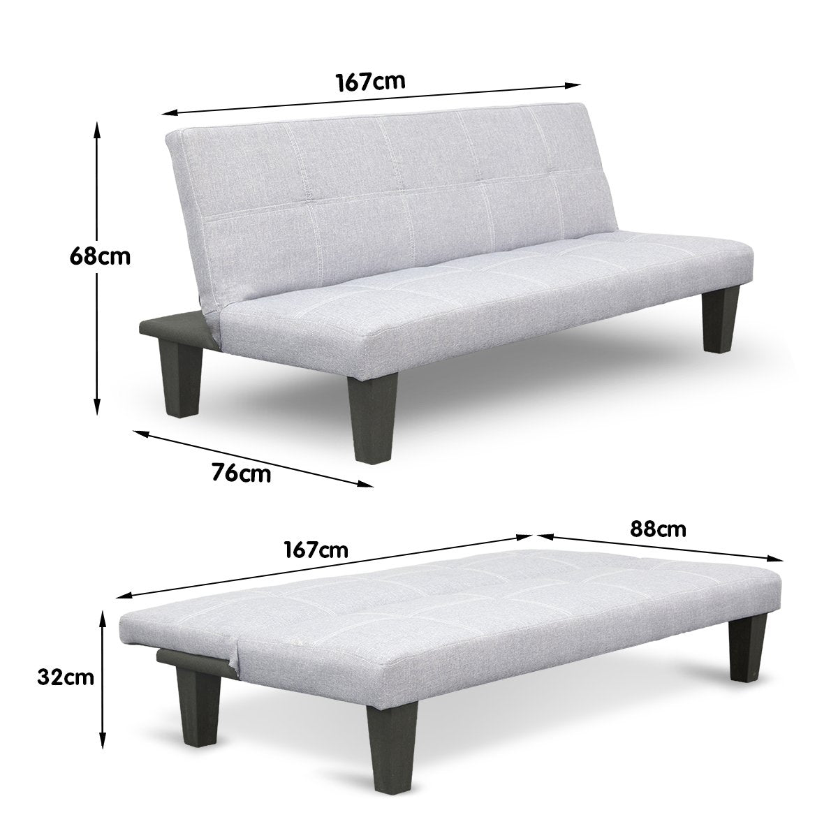 Sarantino 2 Seater Modular Linen Fabric Sofa Bed Couch Light Grey