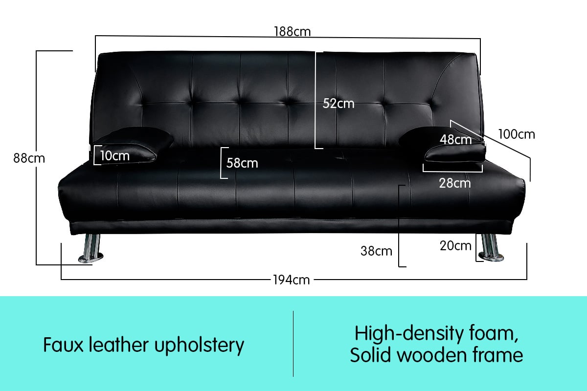 Sarantino 3 Seater Faux Leather Sofa Bed Couch Lounge Futon - Black