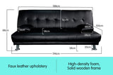 Sarantino 3 Seater Faux Leather Sofa Bed Couch Lounge Futon - Black - Top-Down View