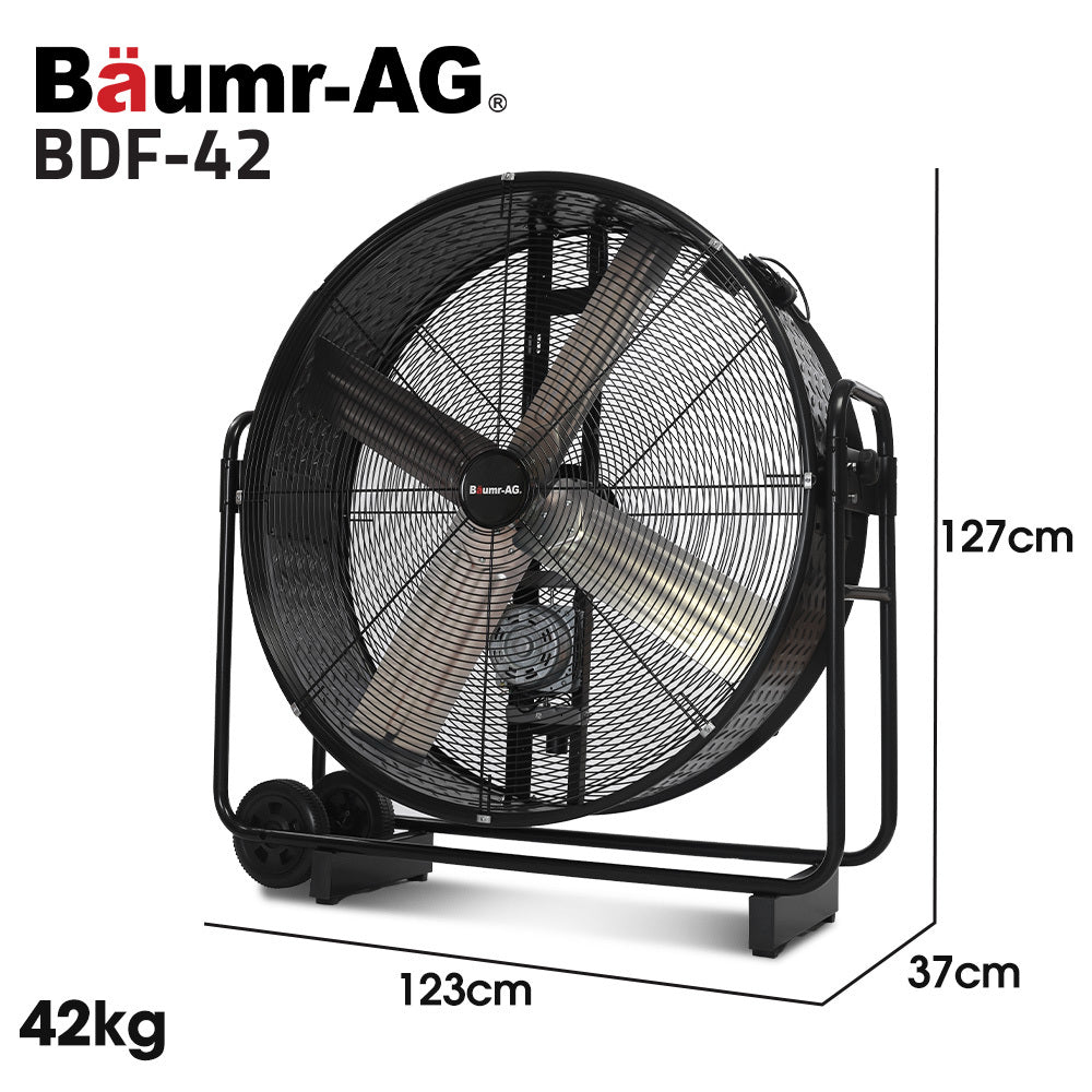 BAUMR-AG 42' 1067mm 660W Industrial Mobile Floor Drum Fan, Belt Drive, Tilting, Large, Commercial, Heavy-duty Frame, EESS Certified