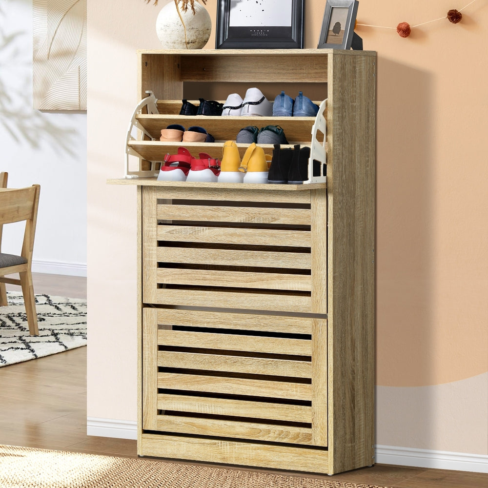 Oikiture Shoe Storage Cabinet 3 Compartments with Rows Wooden