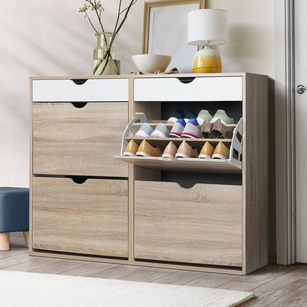 Oikiture Shoe Storage Cabinet 4 Compartment with Rows 2 Drawers
