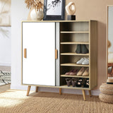 Oikiture Shoe Cabinet Adjustable Shelves Sliding Doors White&Wood