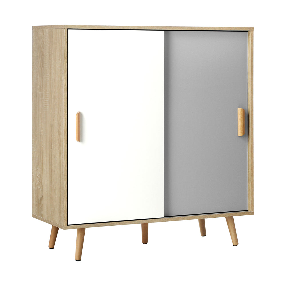 Oikiture Shoe Cabinet Adjustable Shelves Sliding Doors White&Wood