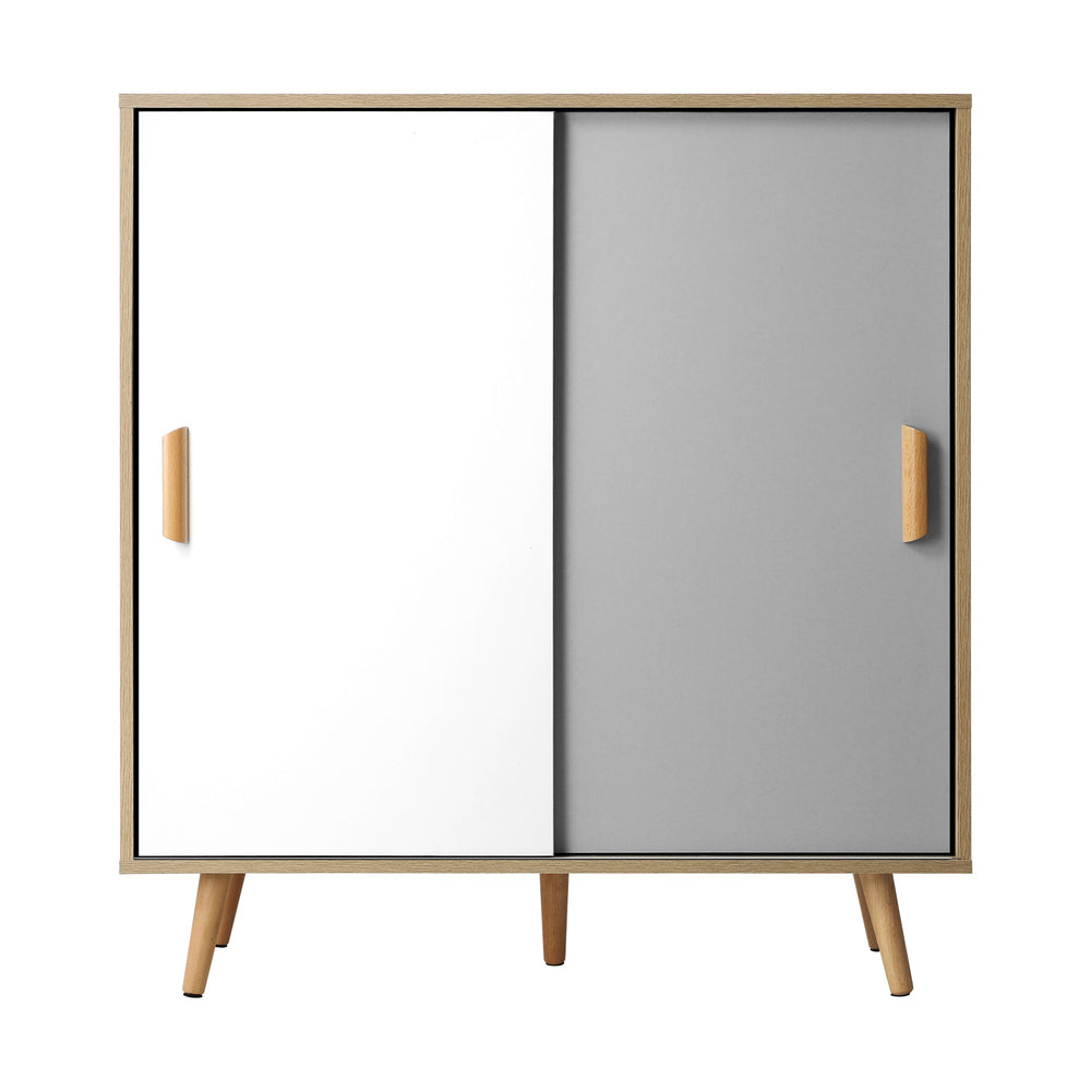 Oikiture Shoe Cabinet Adjustable Shelves Sliding Doors White&Wood