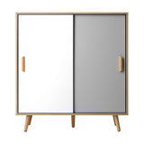 Oikiture Shoe Cabinet Adjustable Shelves Sliding Doors White&Wood - Rear View