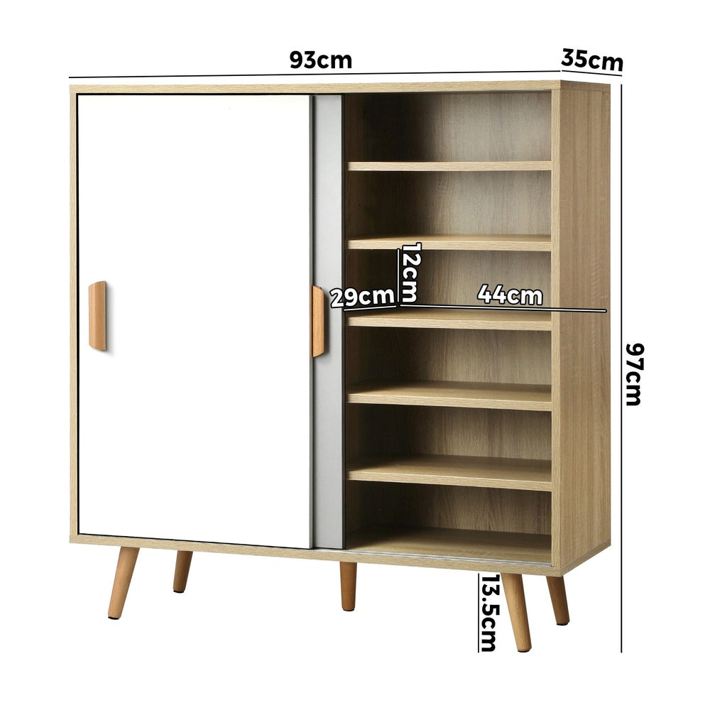Oikiture Shoe Cabinet Adjustable Shelves Sliding Doors White&Wood