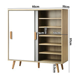 Oikiture Shoe Cabinet Adjustable Shelves Sliding Doors White&Wood - Side View