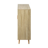 Oikiture Shoe Cabinet Adjustable Shelves Sliding Doors White&Wood - Close-Up Angle