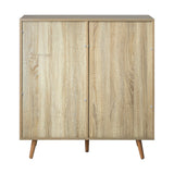 Oikiture Shoe Cabinet Adjustable Shelves Sliding Doors White&Wood - 45-Degree Angle