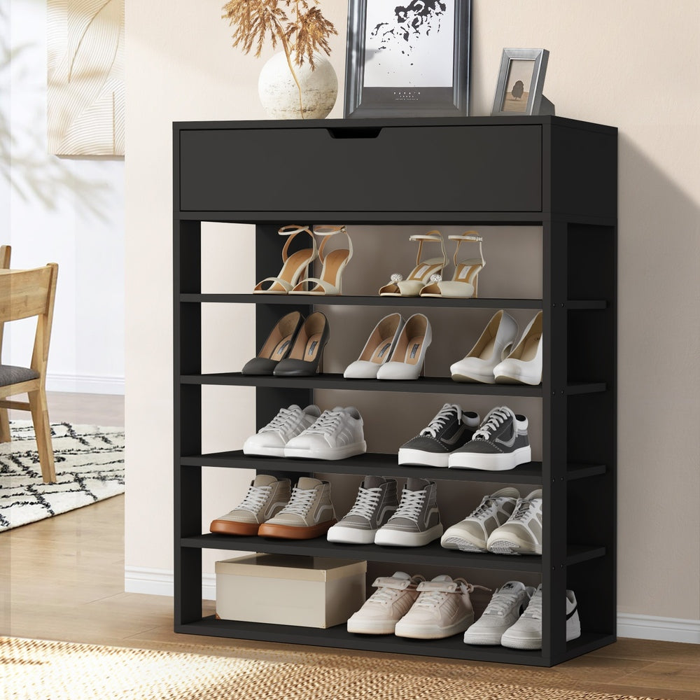 Oikiture Shoes Storage Rack 5-tier Shelves with Drawer Black