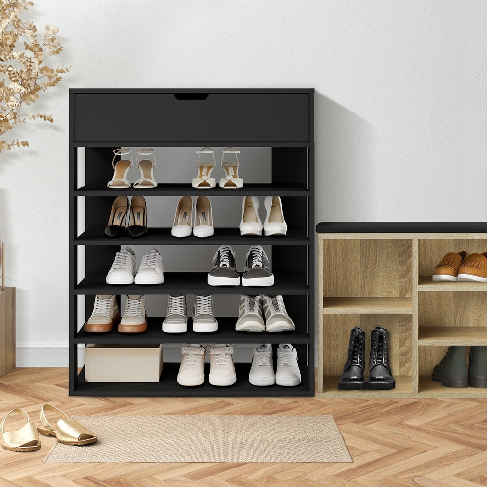 Oikiture Shoes Storage Rack 5-tier Shelves with Drawer Black