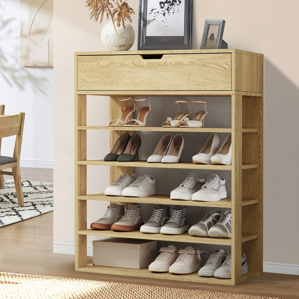 Oikiture Shoes Storage Rack 5-tier Shelves with Drawer Natural