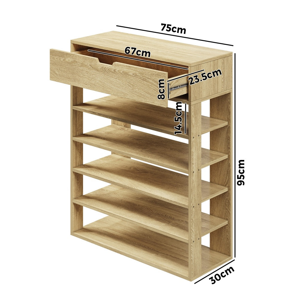 Oikiture Shoes Storage Rack 5-tier Shelves with Drawer Natural