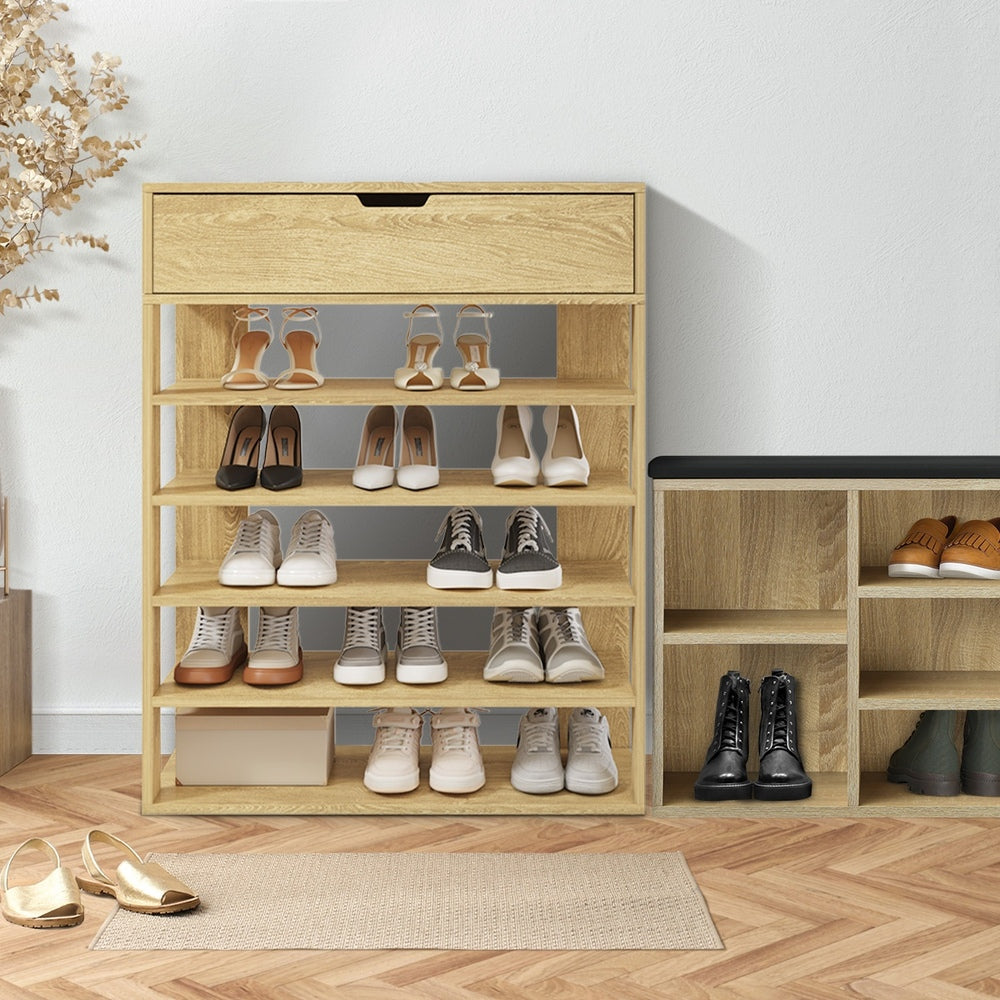 Oikiture Shoes Storage Rack 5-tier Shelves with Drawer Natural