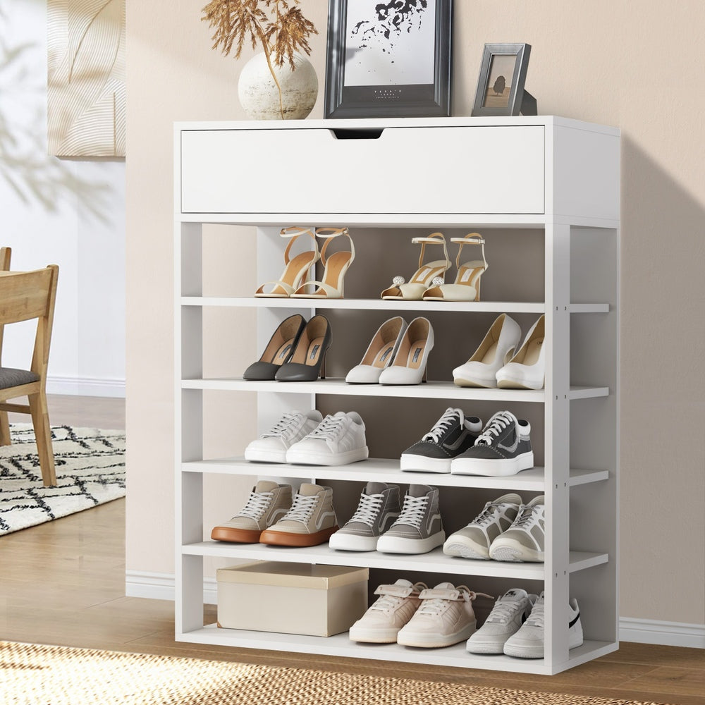 Oikiture Shoes Storage Rack 5-tier Shelves with Drawer White