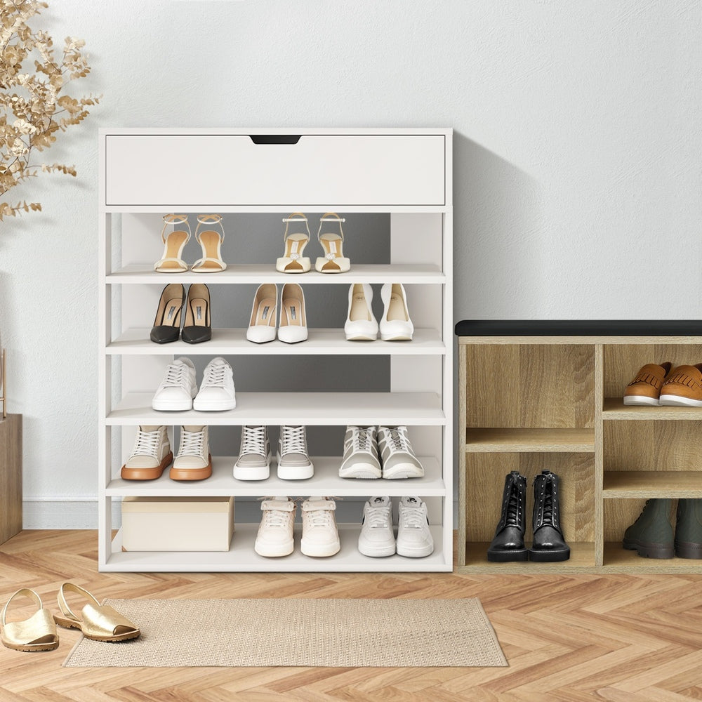 Oikiture Shoes Storage Rack 5-tier Shelves with Drawer White