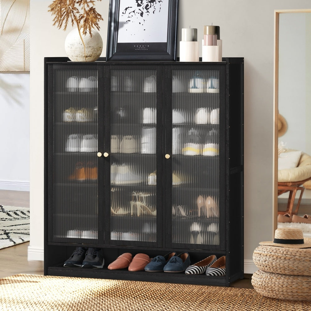Oikiture Shoe Cabinet 3 Doors Shelf Black