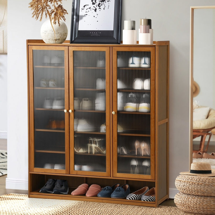 Oikiture Shoe Storage Cabinet 3 Doors 7 Shelves Brown, image 3