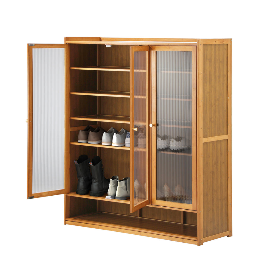 Oikiture Shoe Storage Cabinet 3 Doors 7 Shelves Brown, image 4