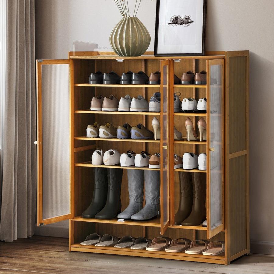 Oikiture Shoe Storage Cabinet 3 Doors 7 Shelves Brown, image 5