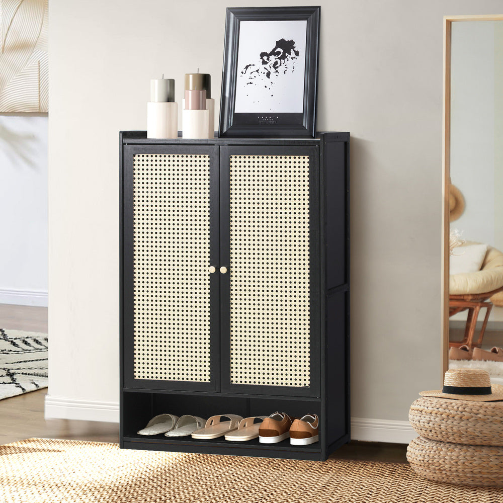 Oikiture Shoe Storage Cabinet 2 Doors Rattan Black