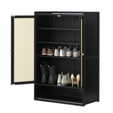Oikiture Shoe Storage Cabinet 2 Doors Rattan Black - Rear View