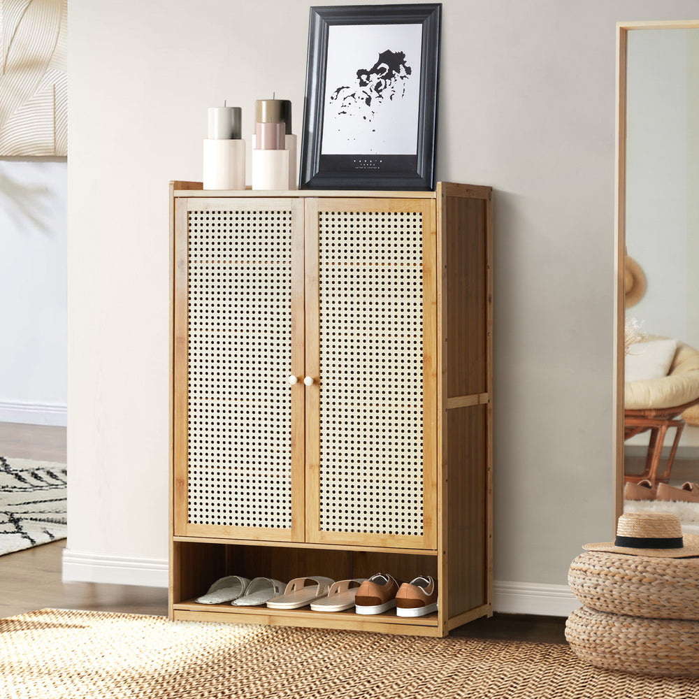 Oikiture Shoe Storage Cabinet 2 Doors Rattan Natural