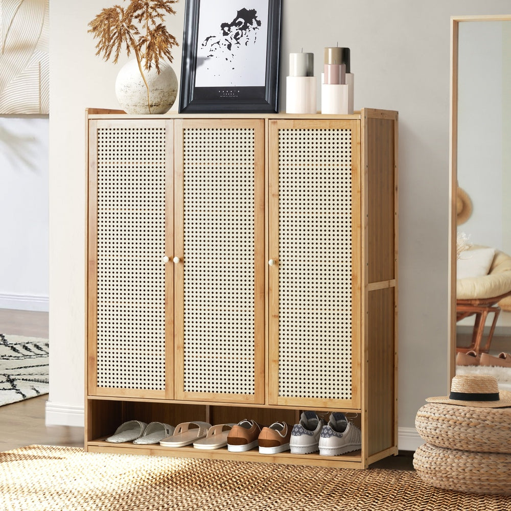 Oikiture Shoe Cabinet with 3 Rattan Doors 6 Shelves