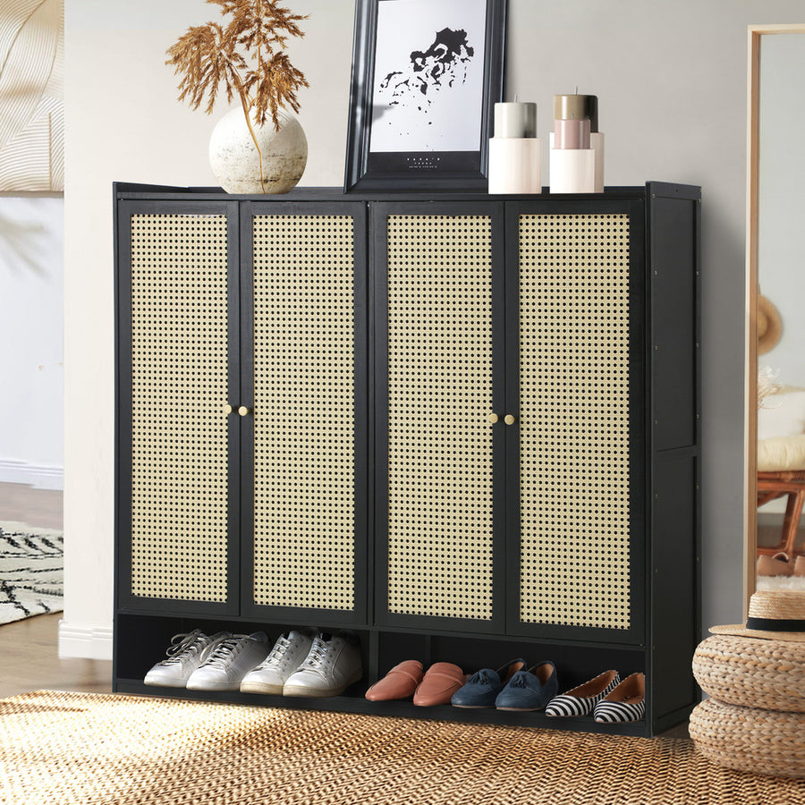 Oikiture Shoe Storage Cabinet 4 Doors Rattan Black, image 3