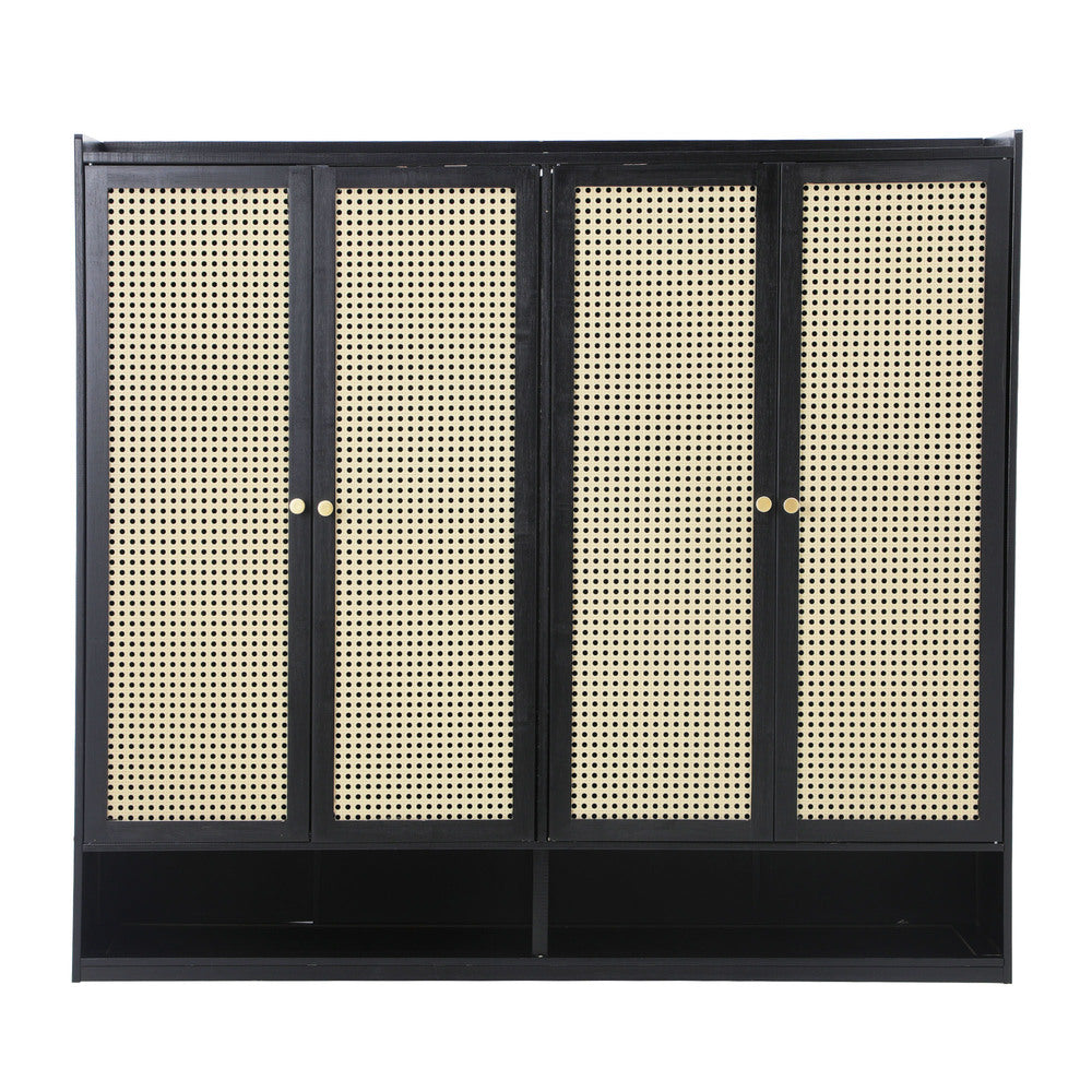 Oikiture Shoe Storage Cabinet 4 Doors Rattan Black